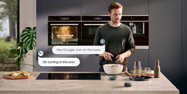 man talking to google home