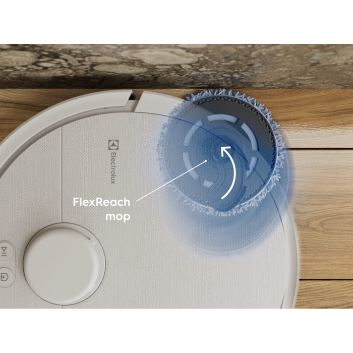 Extended mop arm reaches into corners and edges for a thorough clean