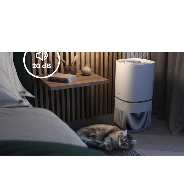 Air purifier providing cleaner air day and night with quiet Sleep Mode down to 20 dB.